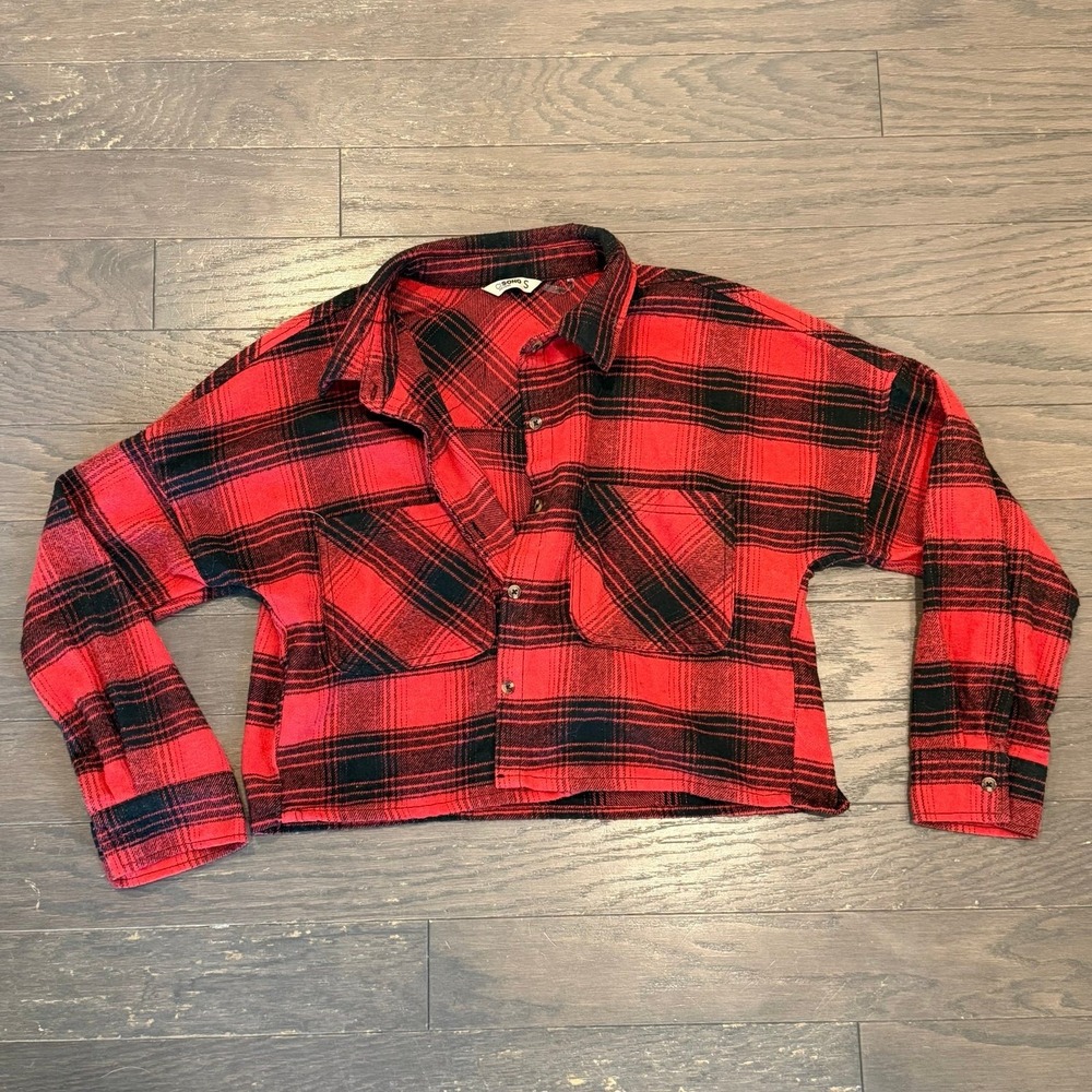 Cisono Red Black Plaid Cropped Flannel Button Down Shirt PTP75 Womens Small